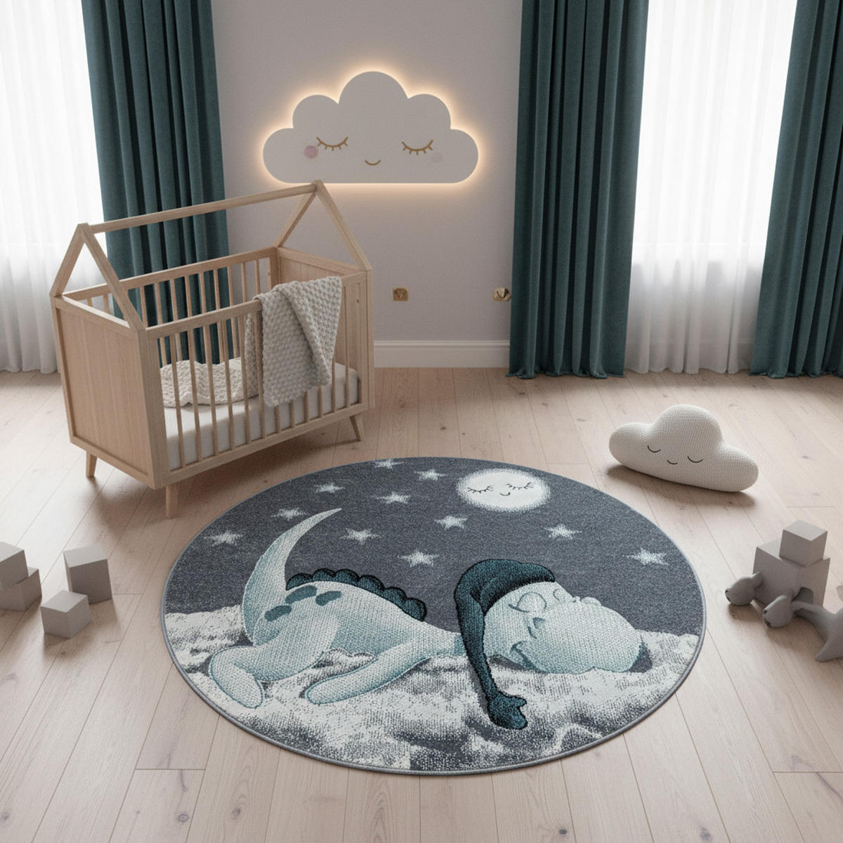 SPIELTEPPICH Dino Kindgerecht Waschbar Kinderzimmer Schadstoffgeprüft Rund Blau 120x120 cm – NOLA - Blau, Textil (120/120cm) - KADIMA DESIGN