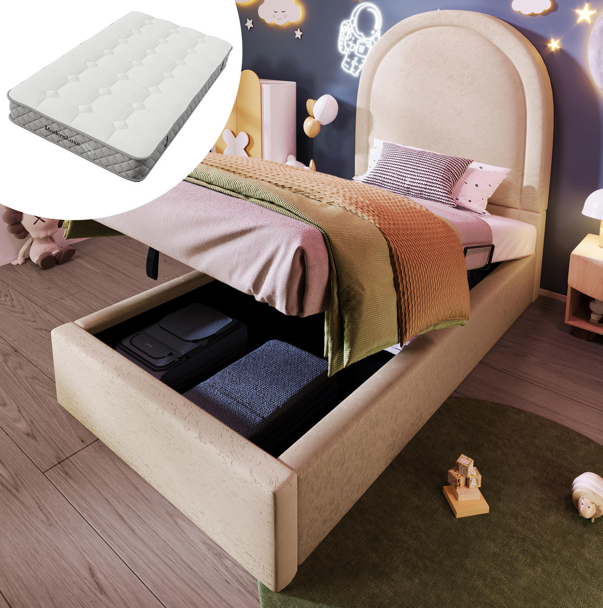BETT mit Stauraum und Matratze 90x200 cm PU Beige - Beige, Metall (90/200cm) - Beauniv