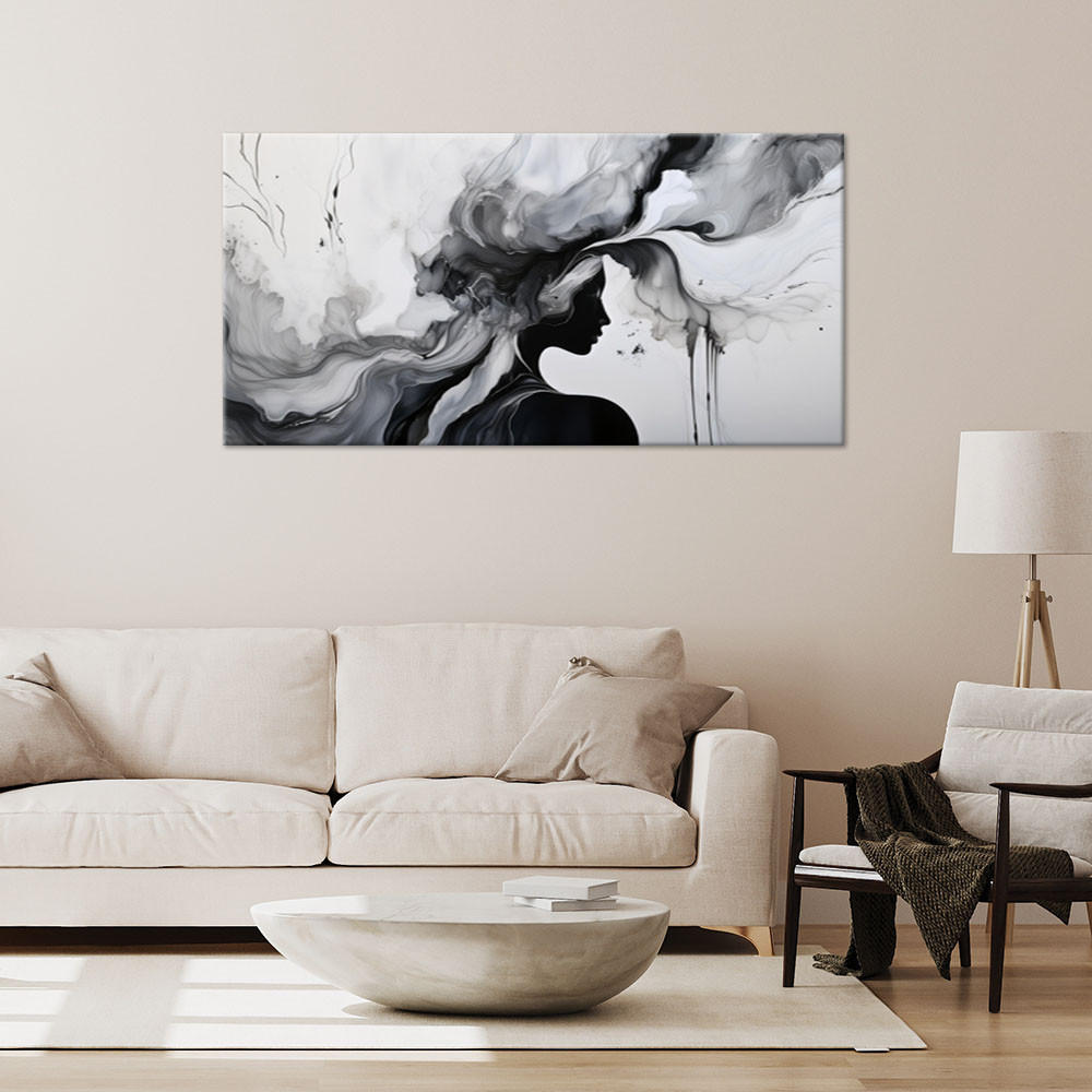 BILDER Kunstdruck Frau Modern Abstrakt Schwarz-Weiß-Tinte 120x60cm - Schwarz, Textil (120/60cm) - Feeby