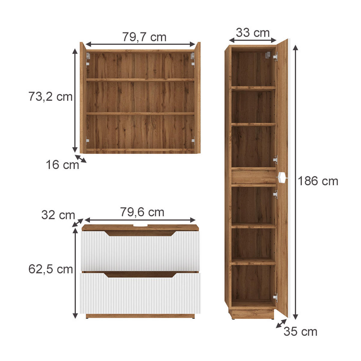 BADMÖBEL-SET Lotta Eiche/weiß gestreift 3 Teile - Eichefarben/Weiß, Holzwerkstoff (79.6/62.5/32cm) - Vicco