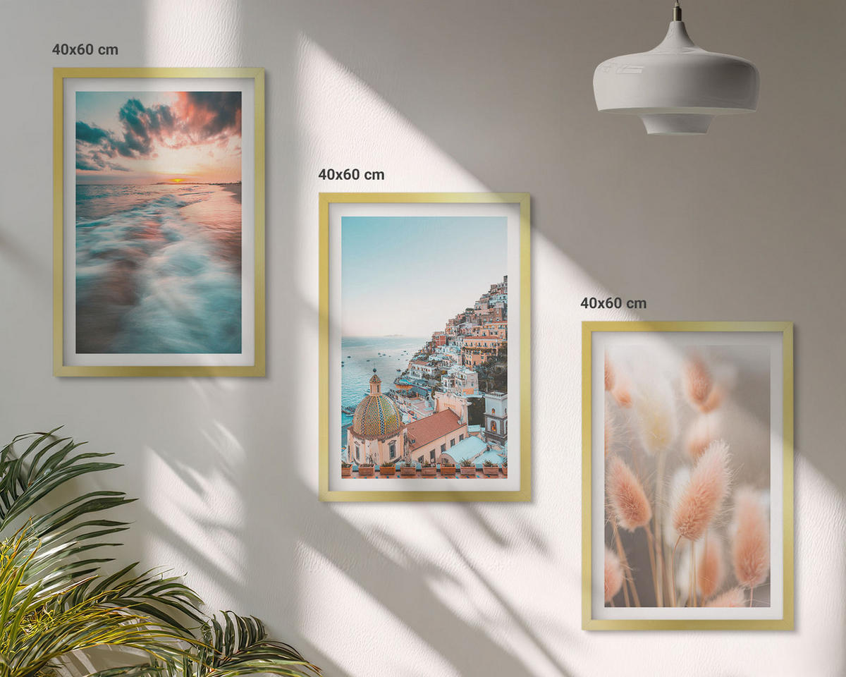 WANDBILDER 3er Set - 40x60 cm Goldrahmen - Sonnenuntergang am Meer, Häuser, Blumen - Goldfarben, Kunststoff (40/60cm) - ArtPrintCave
