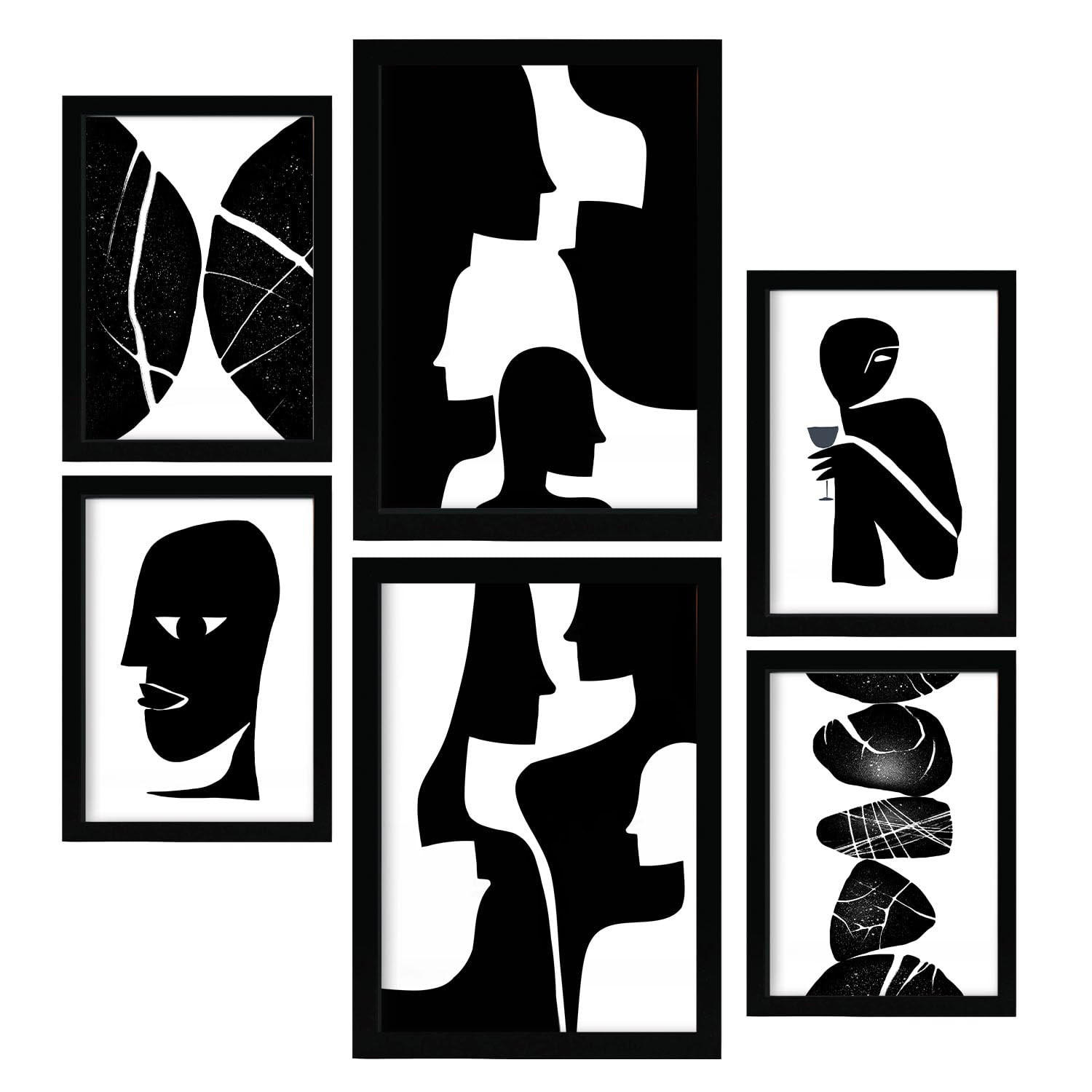 POSTER Set Mit 6 Atavistischer Kopf In Liebhaber Abstrakt Ästhetische Dekorative Gemälde Für Ihr Wohnzimmer Zuhause A3 & A4 Schwarzer Rahmen - Schwarz, Papier (29/3cm) - Nacnic