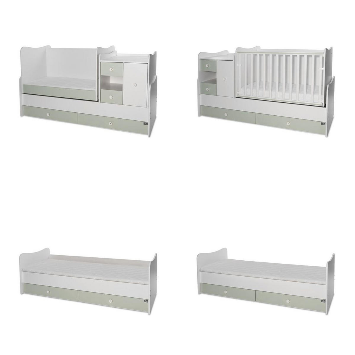 BABYBETT Mini Max 3 in 1 grün 120 x 60 cm, Jugendbett 190 x 72 cm, Wickelkommode, Schaukelfunktion - Grün, Holzwerkstoff (72/190cm) - Lorelli