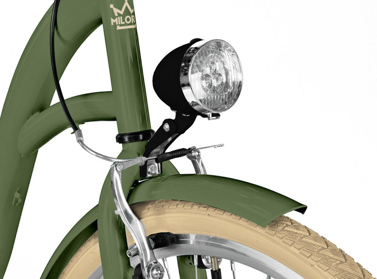 CITY-FAHRRAD Milord mit Metallkorb, 28 Zoll, Khaki, 1-Gang - Grün, Metall (46cm) - Milordbikes