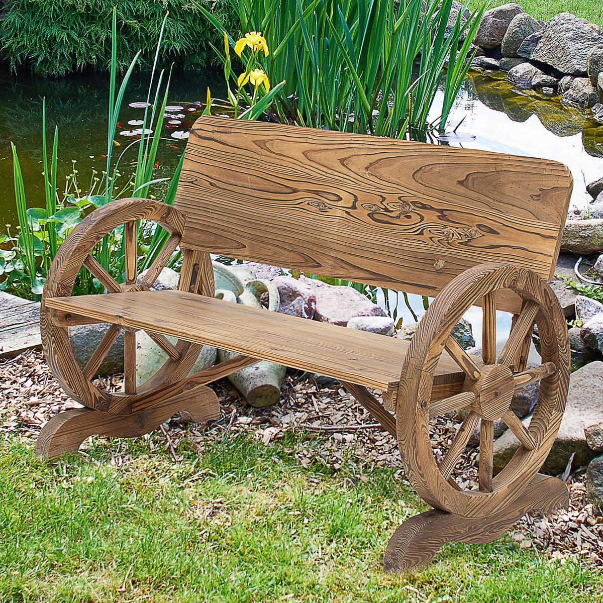 GARTENBANK 2-Sitzer DE-08300 mit Wagenrad-Armlehnen Braun - Dunkelbraun, Holz (114/80/58cm) - ComfortXL