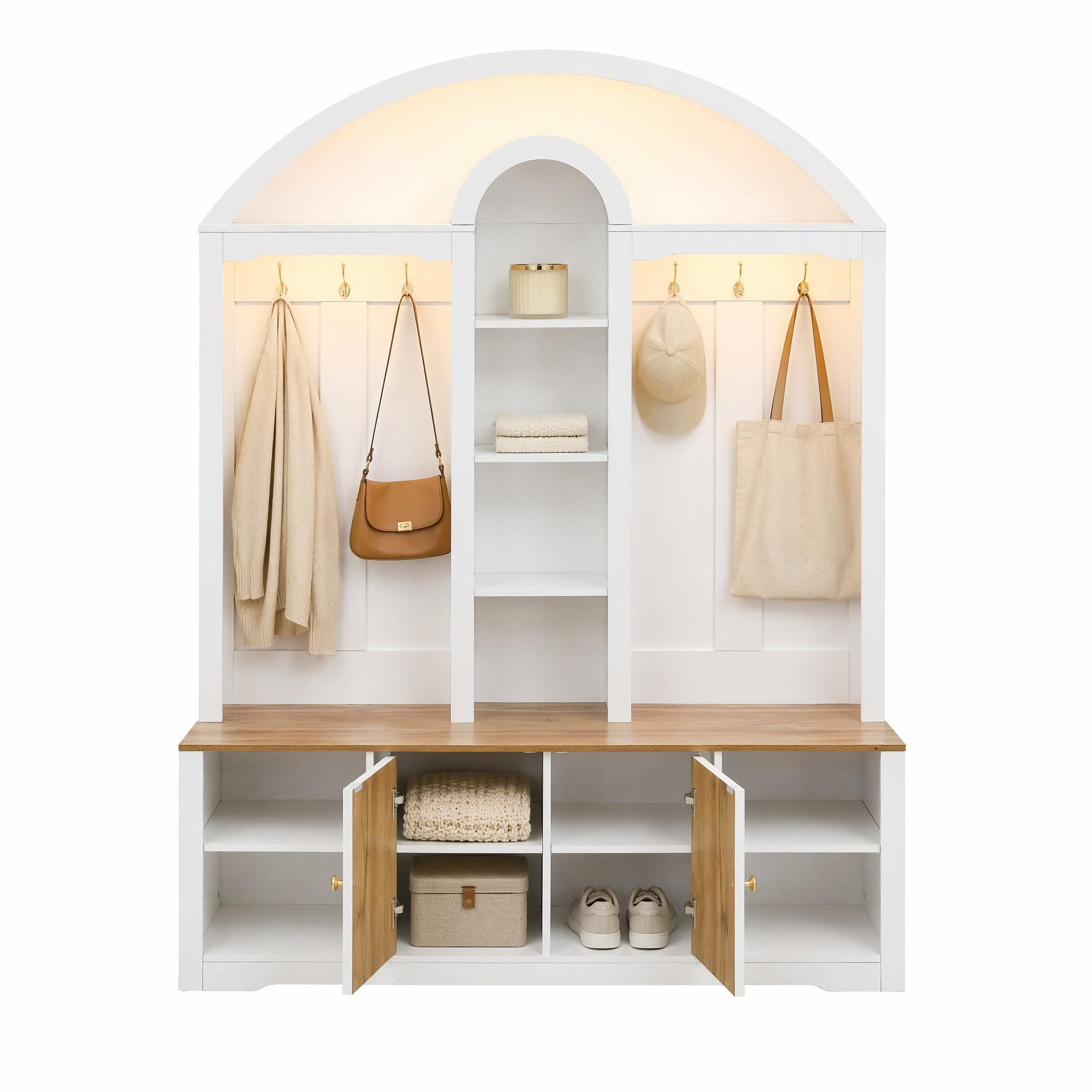 GARDEROBE-SET in Weiß mit Schuhregal, Ablagen und Haken für Flur und Eingangsbereich, B150/T40/H195 cm - Weiß, Holzwerkstoff/Metall (150/195/40cm) - STILVORA