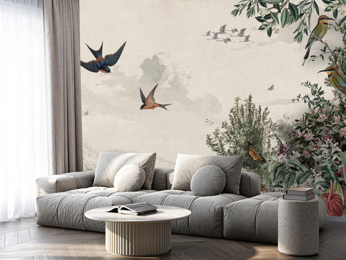 FOTOTAPETE für Wohnzimmer Retro Tropenlandschaft Vögel Büsche 400x280 - Beige/Rot, Papier (400/280cm) - Muralo