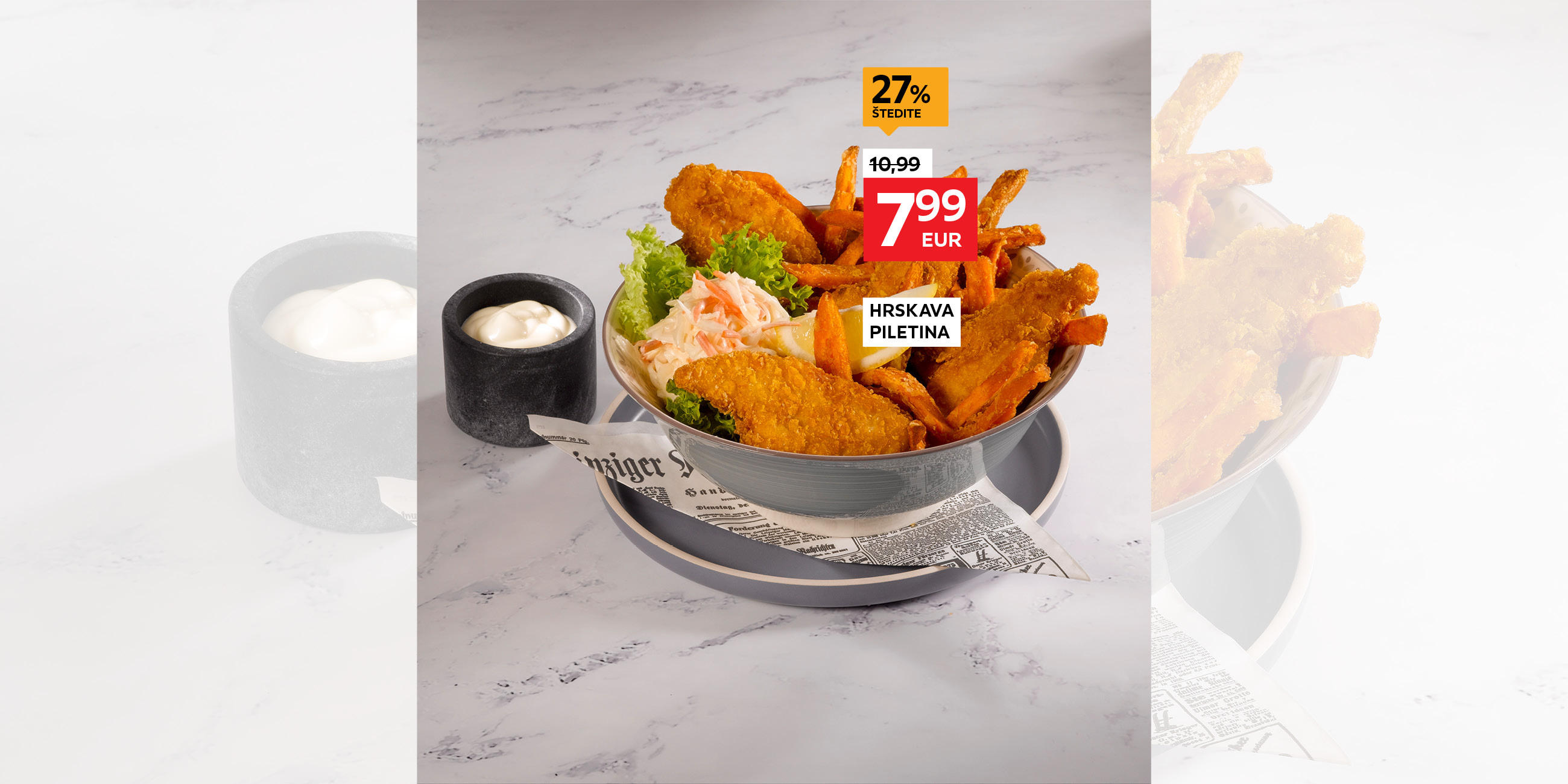 hrskava piletina umjesto 10,99 € nova cijena 7,99 € Štedite 27%