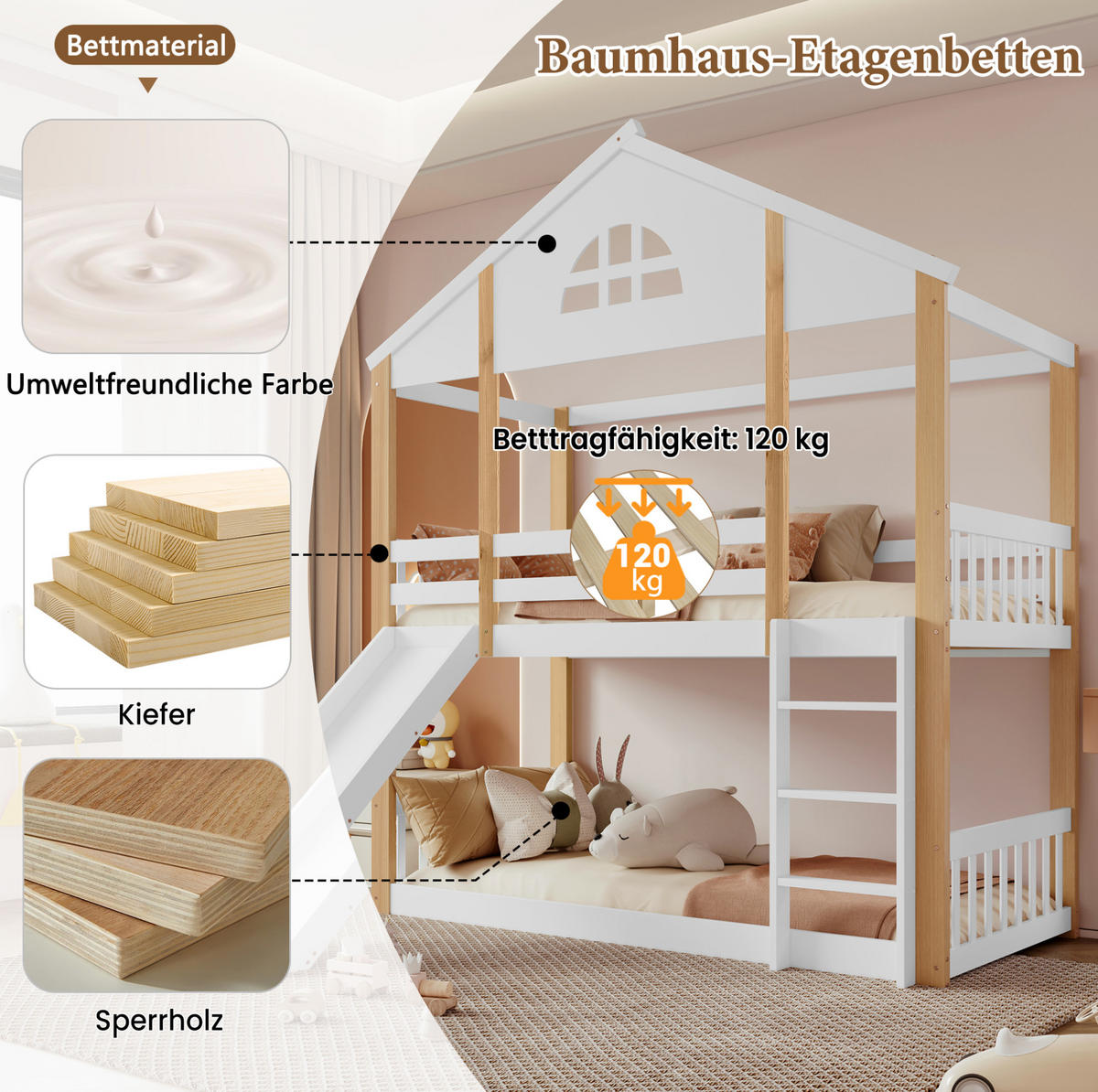 ETAGENBETT aus MDF 90x200 cm Weiß/Natur mit Rutsche, Winkeltreppe und Haus-Design - Weiß, Holzwerkstoff (90/200cm) - Modfu
