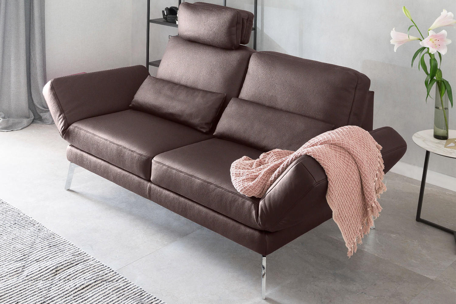 LEDERSOFA HURRICANE Braun Leder - Dunkelbraun/Silberfarben, Leder (170/87/141cm) - KAWOLA