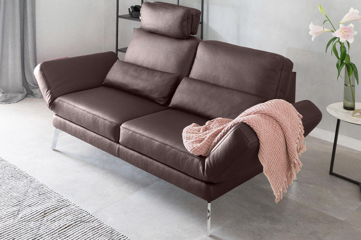 LEDERSOFA HURRICANE Braun Leder - Dunkelbraun/Silberfarben, Leder (170/87/141cm) - KAWOLA