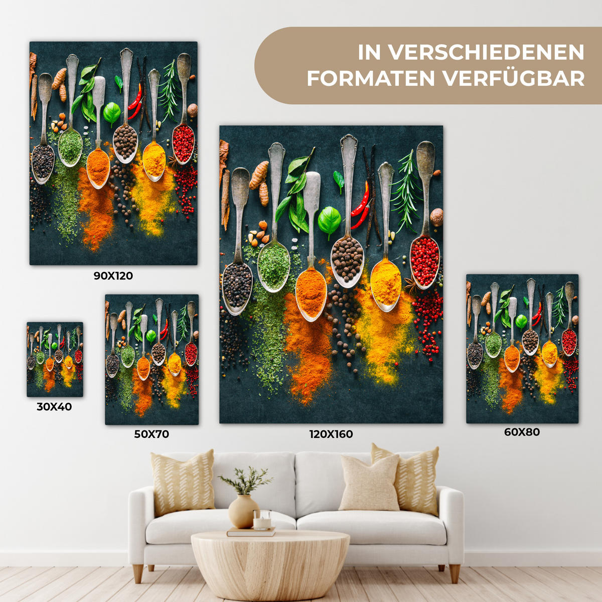 LEINWANDBILD Kräuter - Gewürze - Löffel 30x40 cm - Currygelb, Textil (30/40cm) - MuchoWow