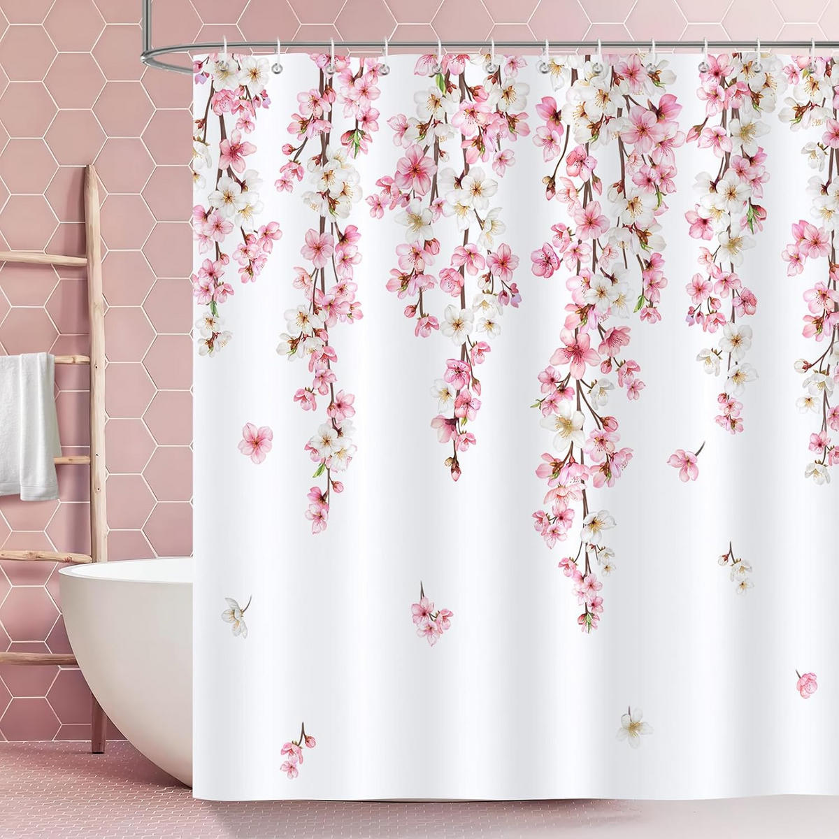 DUSCHVORHANG Rosa Sakura Kirschblüte Polyester schimmelresistent wasserdicht waschbar - Pink, Textil (180/1cm) - MCBOSON
