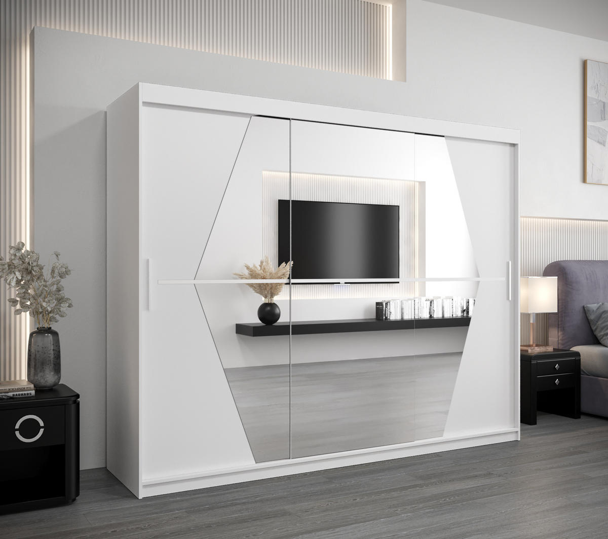 SCHWEBETÜRENSCHRANK 200/250/62 3-türig - Silberfarben/Weiß, Holz/Kunststoff (250/200/62cm) - MÖBEL KRYSPOL