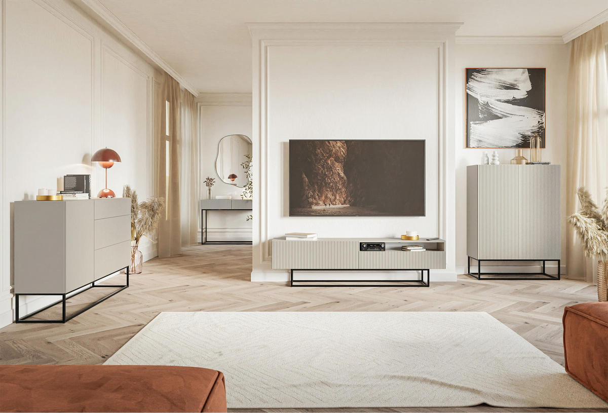 TV stolík Veldio Greige s čiernym kovovým rámom 175 cm - čierna/sivobéžová, kov/kompozitné drevo (175/46.5/31.6cm) - Selsey