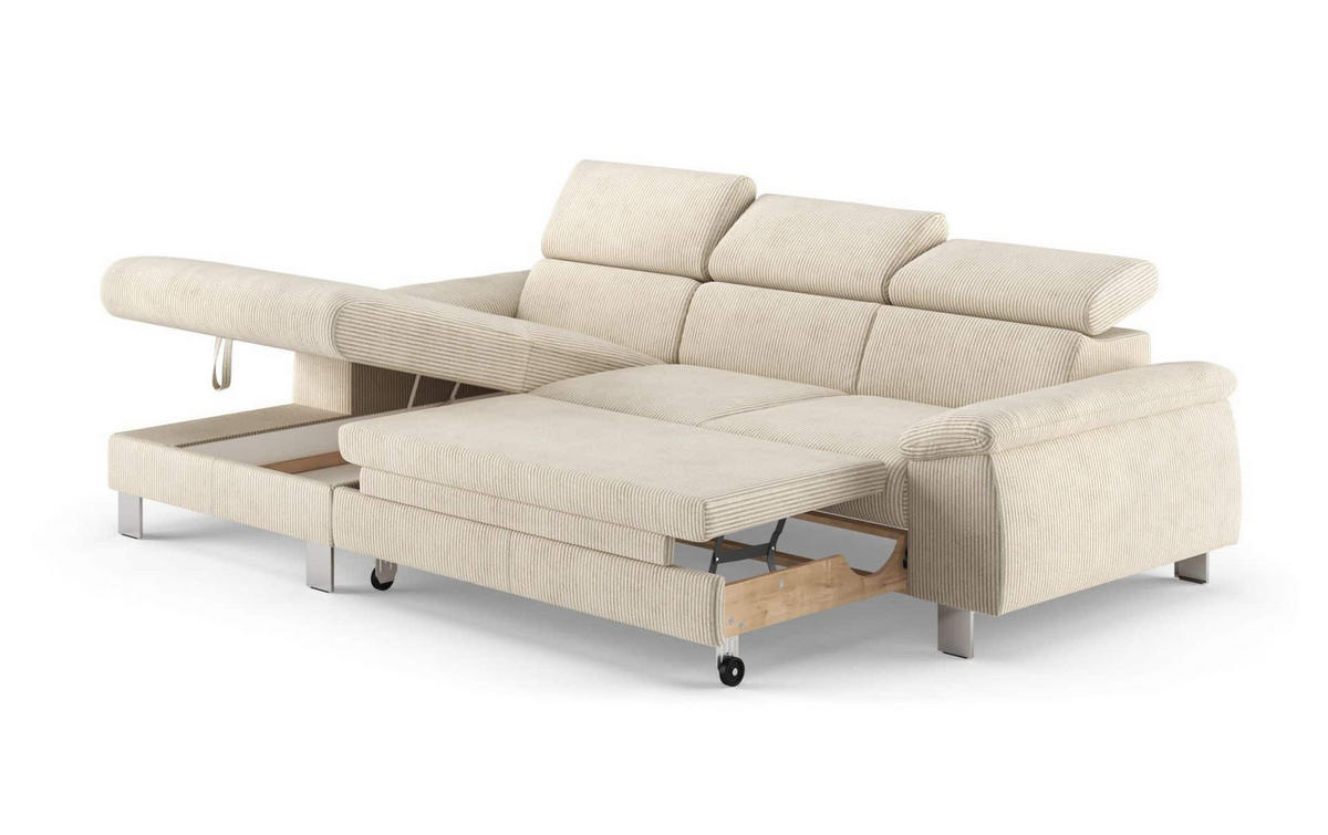 ECKSCHLAFSOFA mit Bettkasten – Cord-Stoff - Chromfarben/Beige, Holz/Textil (244/166cm) - Cotta