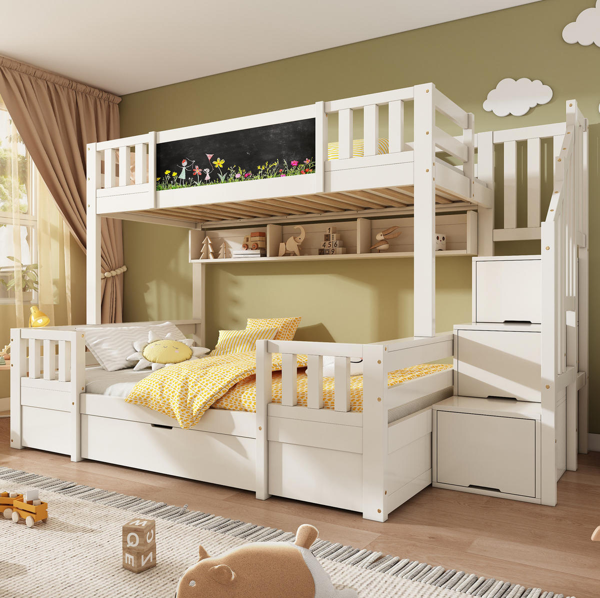 ETAGENBETT 90/200 & 140/200 cm aus Holz mit Stauraumtreppe und Kreidetafel, Weiß - Weiß, Holzwerkstoff (90/200cm) - Flora Grace