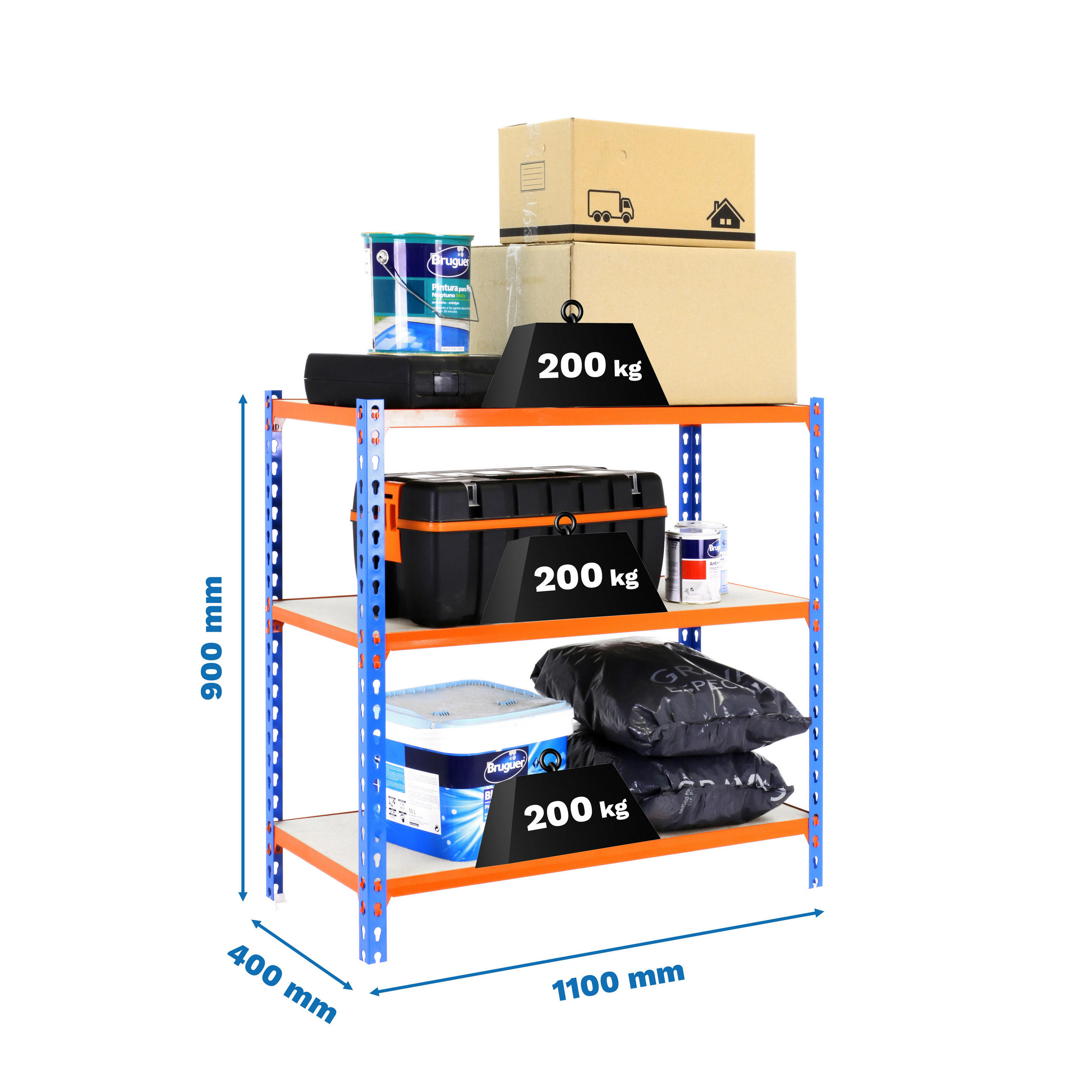 SCHWERLASTREGAL Baby Muli HxBxT 90 x 110 x 40 cm 3 Fachböden Fachlast 200 kg Blau-Orange - Gelb, Metall (110/90/40cm) - PROREGAL