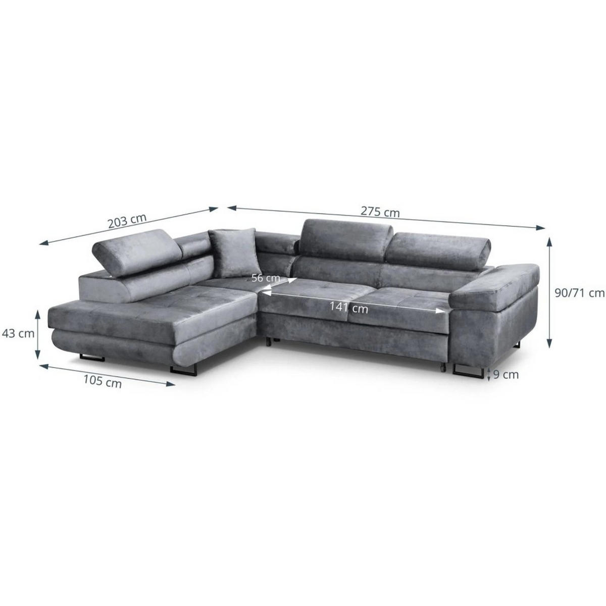 ECKSCHLAFSOFA Waldo verstellbaren Kopfstützen, Schwarz, links - Schwarz, Textil (275/203cm) - Beautysofa