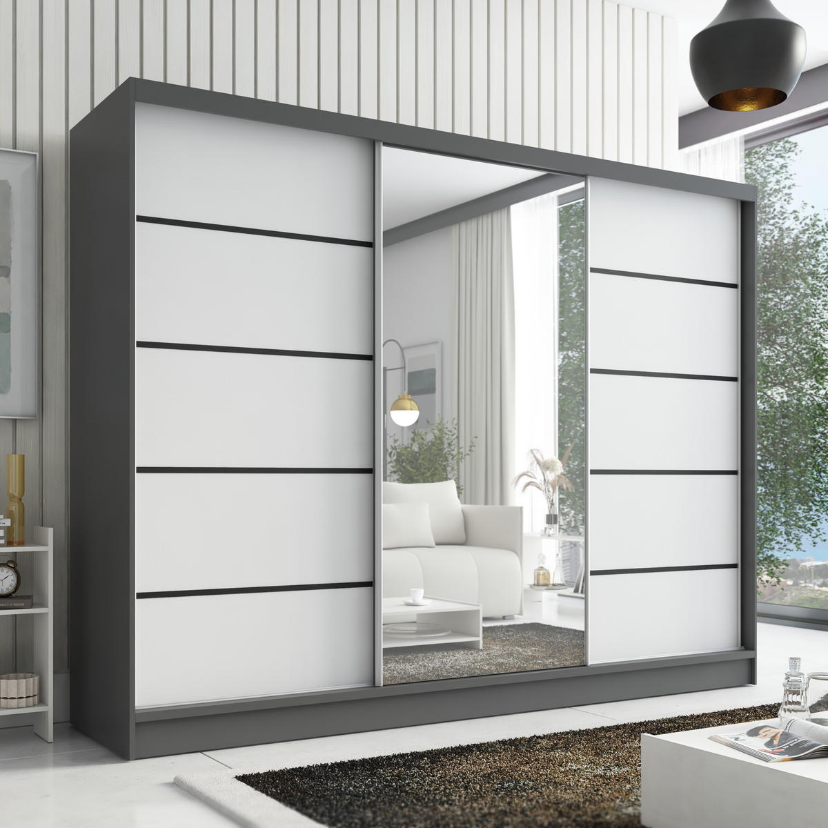 SCHWEBETÜRENSCHRANK 200 cm AURELIA 2 Farbe: Graphit, Weiß - Graphitfarben/Weiß, Holzwerkstoff (200/215/60cm) - A&J MöbelLand