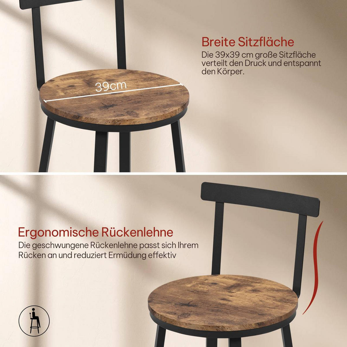 BARHOCKER 4er Set mit Lehne, Vintagebraun - Dunkelbraun/Schwarz, Holzwerkstoff/Metall (51.5/89/51.5cm) - Woltu