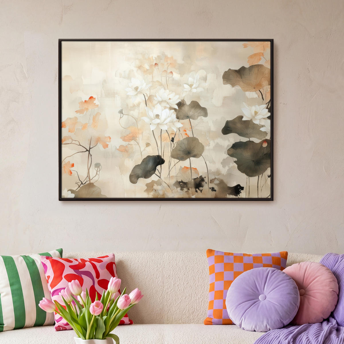LEINWAND Bilder mit Rahmen - Blumen - Japandi - Wabi sabi - 100x70 - Sandfarben, Textil (100/70cm) - MuchoWow