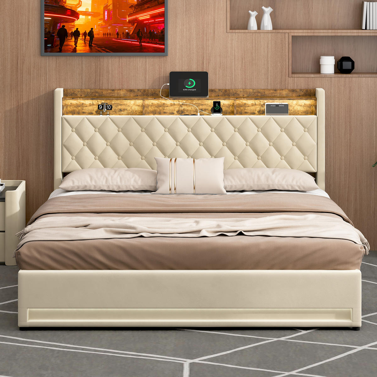 POLSTERBETT 160/200 cm mit Matratze und Bettkasten Boxspringbett mit Steckdose und LED-Licht, in Beige - Beige, Holzwerkstoff/Textil (160/200cm) - STILVORA