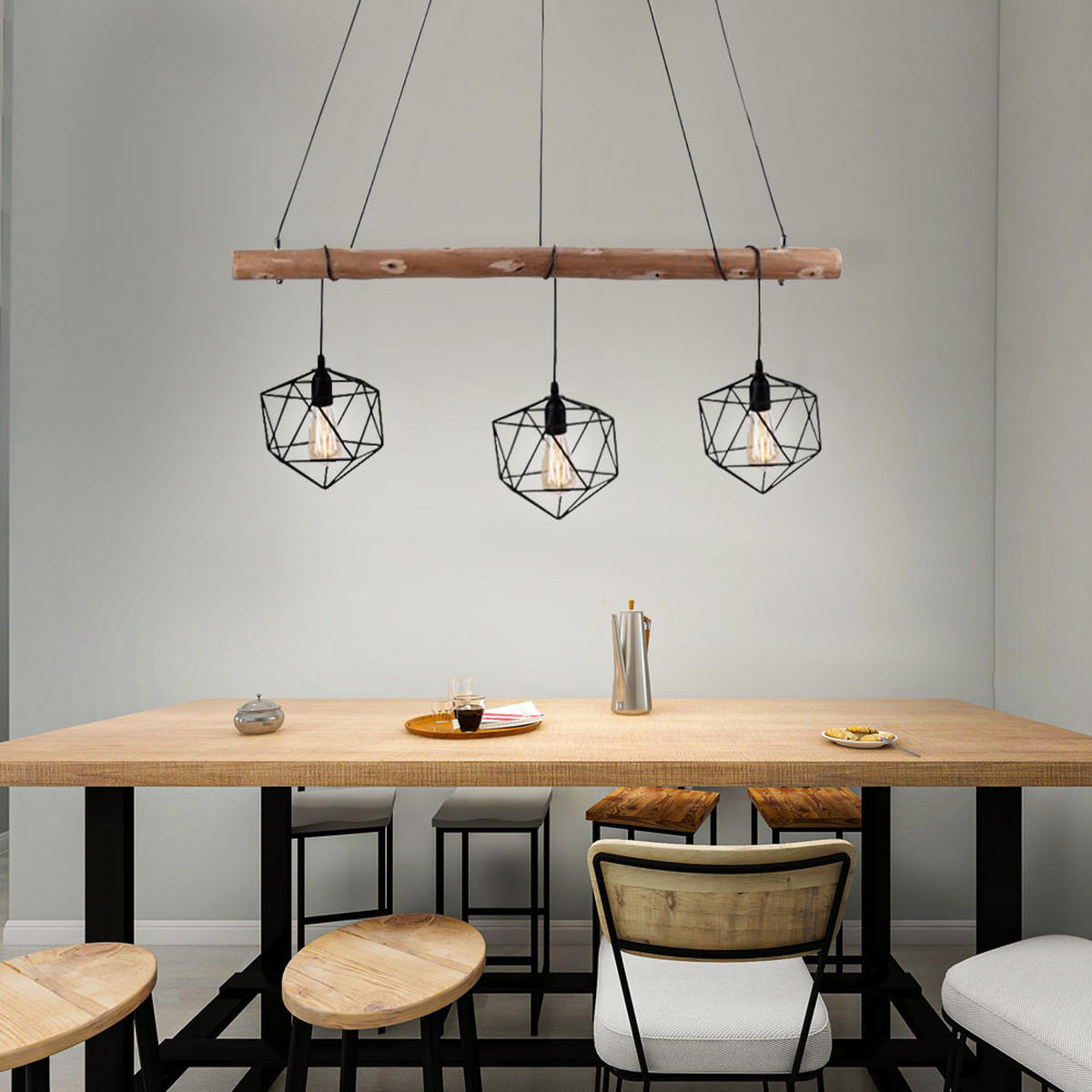 METALL HÄNGELEUCHTE Braun Gitteroptik Holz 3 Flammig - Braun, Holz (100/20/120cm)