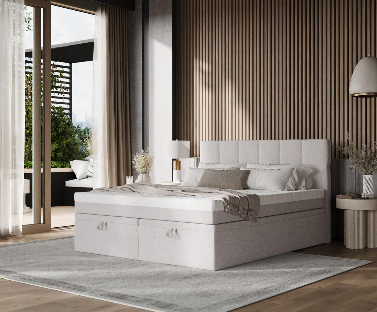 BOXBETT Elano 200/200 cm Beige im Riva Stoff - Beige/Schwarz, Holz/Holzwerkstoff (200/200cm) - AltaBeds