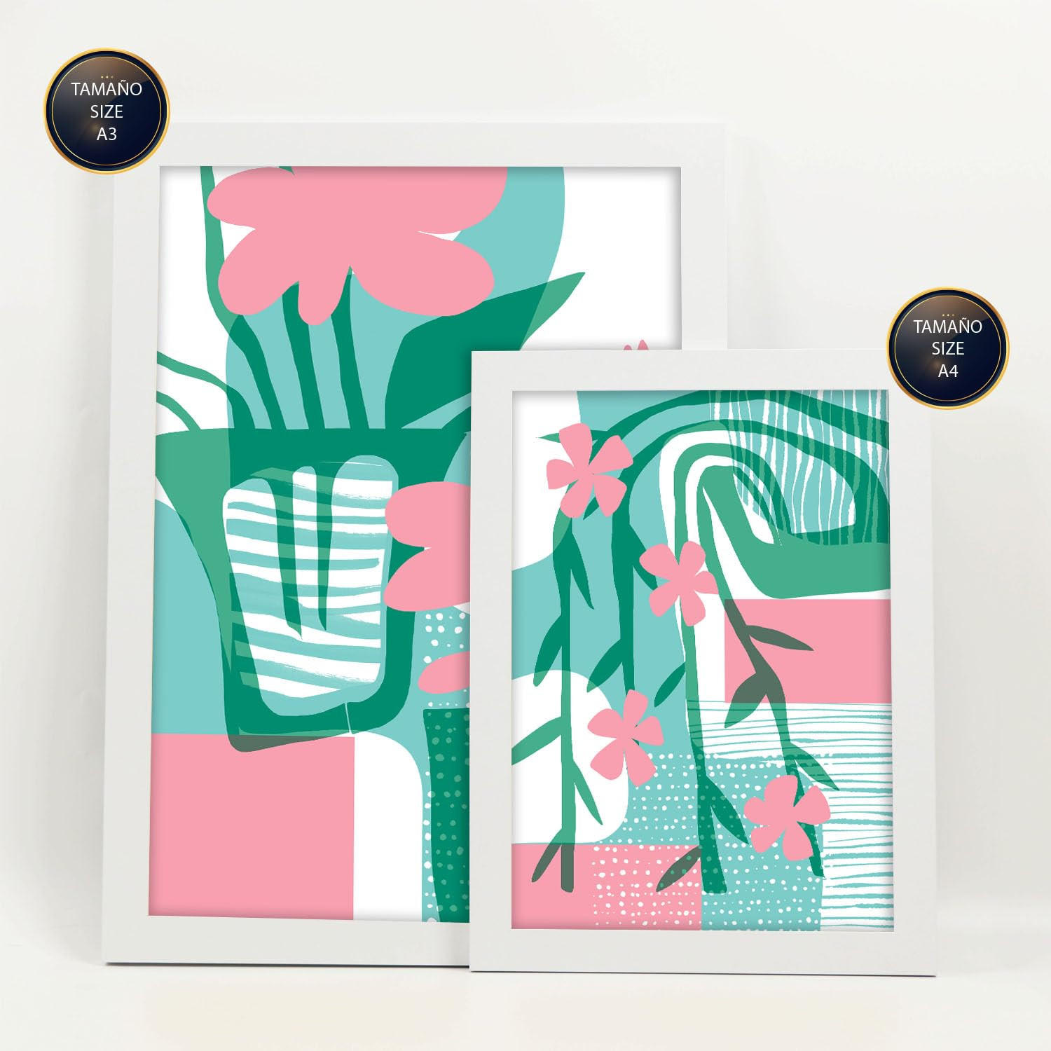 POSTER Set Mit 6 Pinkes Grün In Blume Zusammenfassung Ästhetische Dekorative Gemälde Für Ihr Wohnzimmer, Schlafzimmer, Zuhause A3 & A4 Weißer Rahmen - Weiß, Papier (29/3cm) - Nacnic