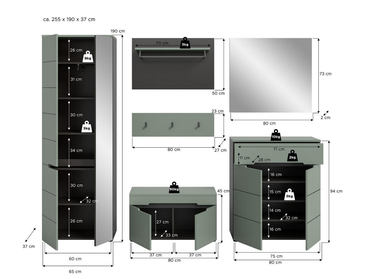GARDEROBE SET 6-teilig Salbei Grün, Basalt Grau, Komplett-Set mit Soft-Close - Salbeigrün/Schwarz, Holzwerkstoff/Kunststoff (255/190/37cm) - Inn.Furn