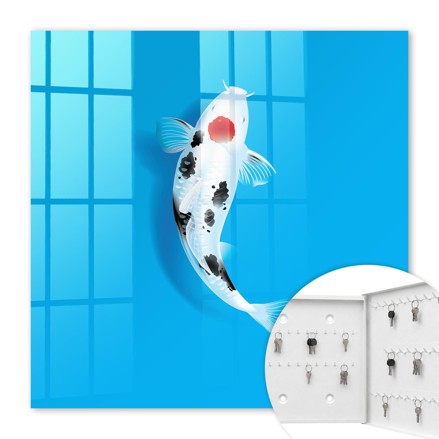 SCHLÜSSELBOX Weiß 30x30 cm – Türöffnung nach rechts - Koi-Karpfen - Blau, Metall (30/30/5cm) - TULUP