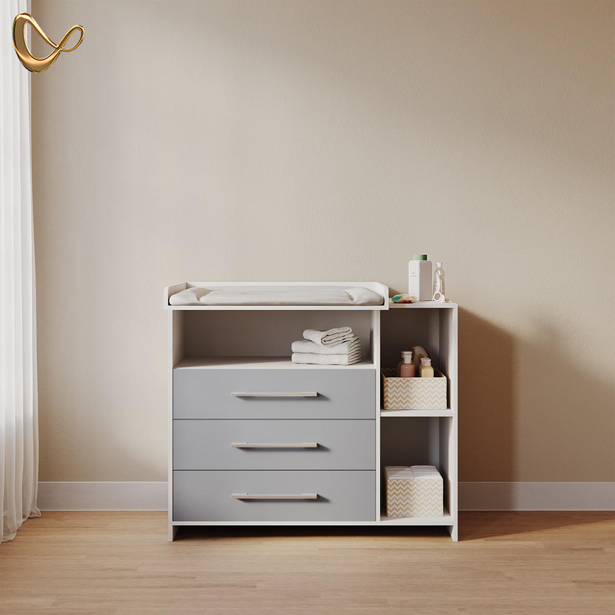 WICKELKOMMODE Torino Weiß/Grau mit Schubladen - Weiß/Grau, Holzwerkstoff (113/100/53cm) - Livinity®