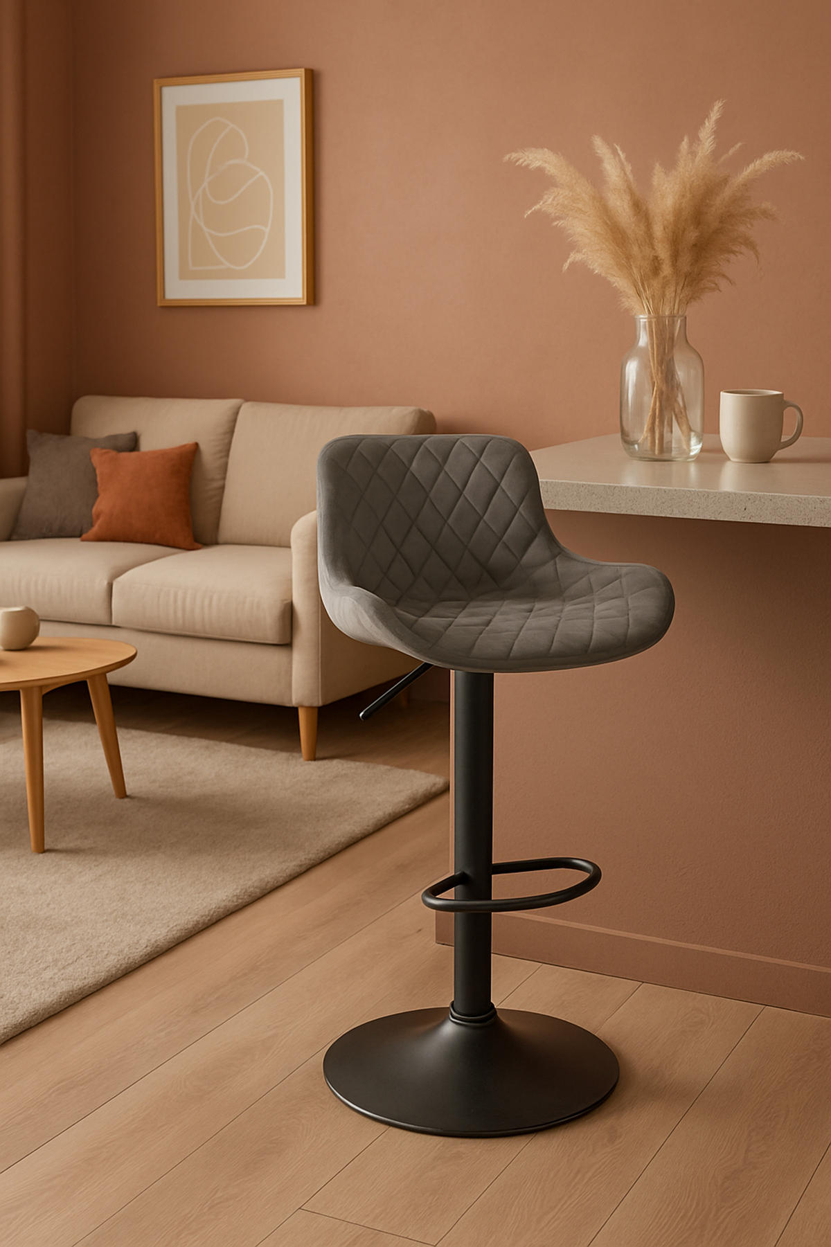 BARHOCKER 2er Set Minerva Samt dunkelgrau - Schwarz/Grau, Textil/Metall (48/105/54cm) - TPFLiving