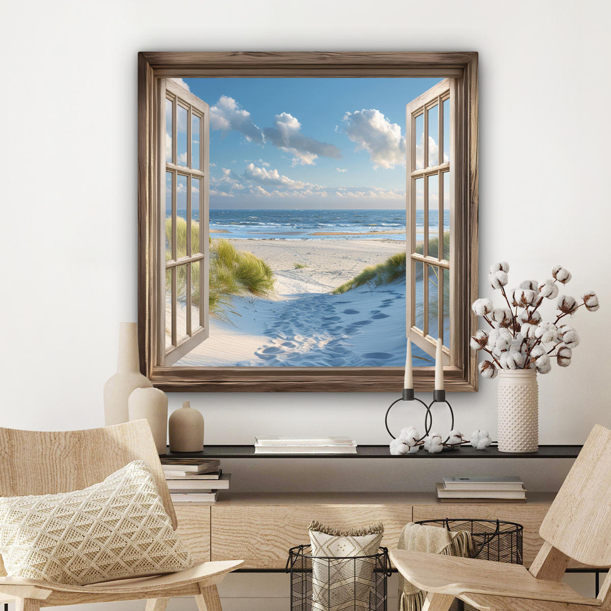 LEINWANDBILD Aussicht - Strand - Fenster - Dünen - Meer Deko Groß 90x90 cm - Hellblau, Textil (90/90cm) - MuchoWow