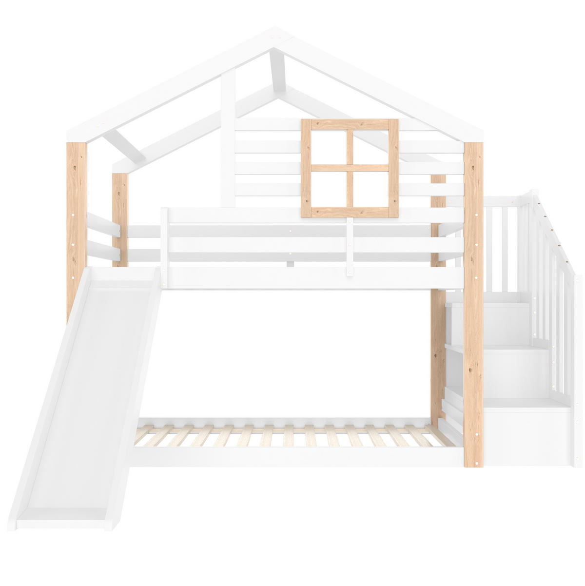 ETAGENBETT aus Holz 90x200 cm Weiß mit Rutsche, Treppe mit Stauraum und Haus-Design - Weiß, Holzwerkstoff (90/200cm) - Modfu