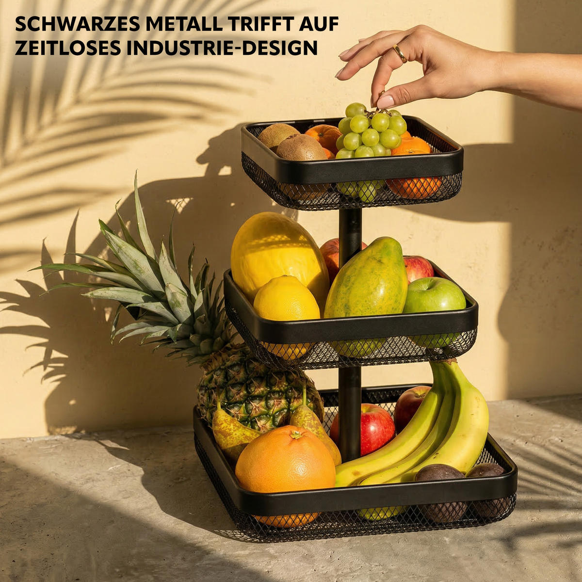 OBSTETAGERE eckig, 3-stöckig, 20 x 20 cm, 25 x 25 cm und 30 x 30 cm, schwarz, Metall - Schwarz, Metall (30/42cm) - eluno