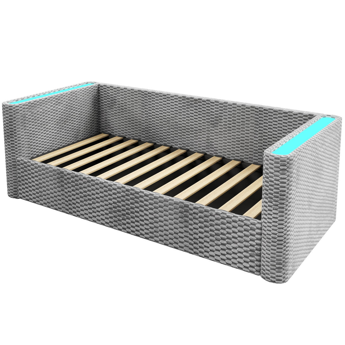 TAGESBETT 90/200 cm Grau aus Samt mit LED-Beleuchtung und hydraulischem Stauraum - Grau, Textil (90/200cm) - OKWISH