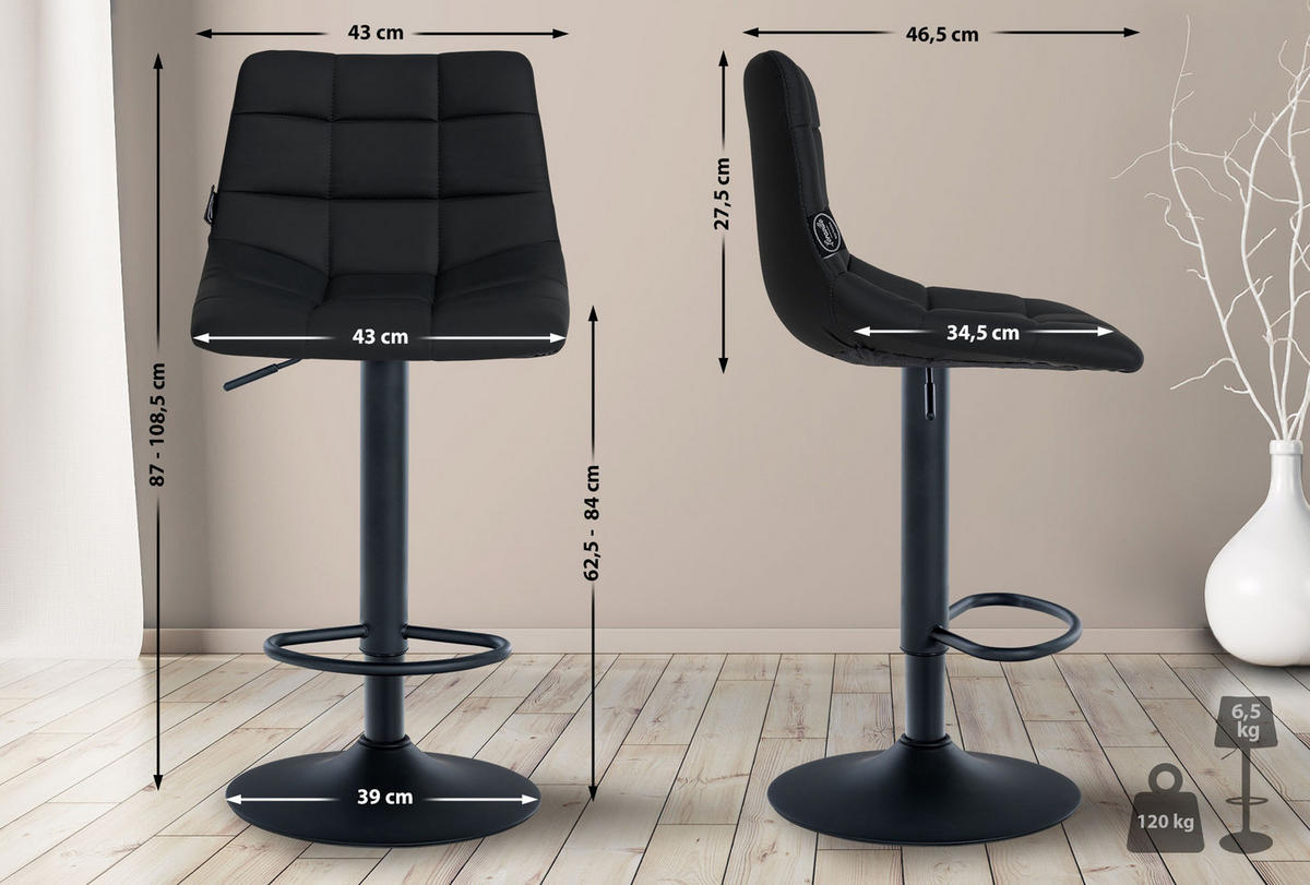 BARHOCKER 2er Set James Kunstleder schwarz schwarz - Schwarz, Kunststoff/Metall (43/108.5/46.5cm) - TPFLiving