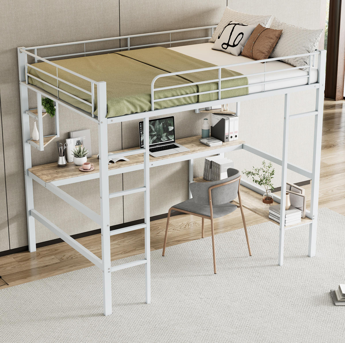 HOCHBETT 140/200 cm Weiß aus Metall und MDF mit Schreibtisch - Weiß, Metall (140/200cm) - OKMYHOME