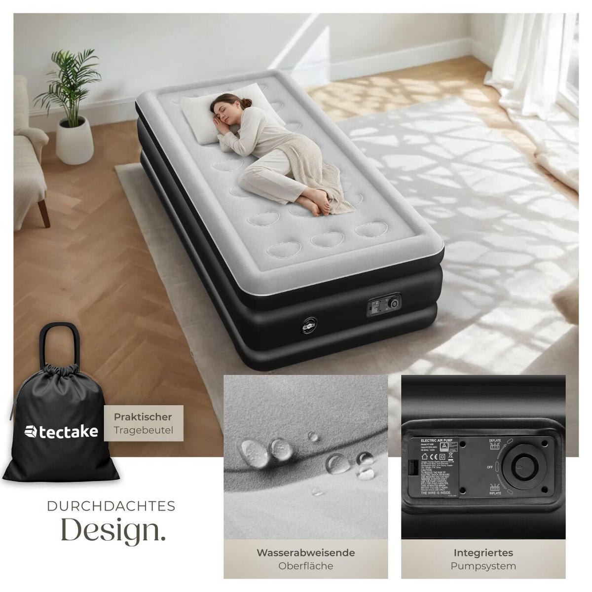 LUFTBETT aufblasbar Airdreams, inkl. manuellem Ventil und Tragebeutel, schwarz/weiß - Schwarz/Weiß, Kunststoff - tectake