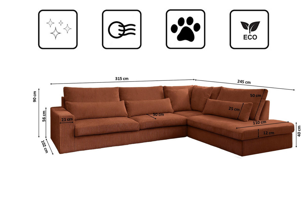 ECKSOFA L-Form SVEN Stoff Poso Kupfer Rechts - Kupferfarben, Textil (315/245cm) - Kaiser Möbel