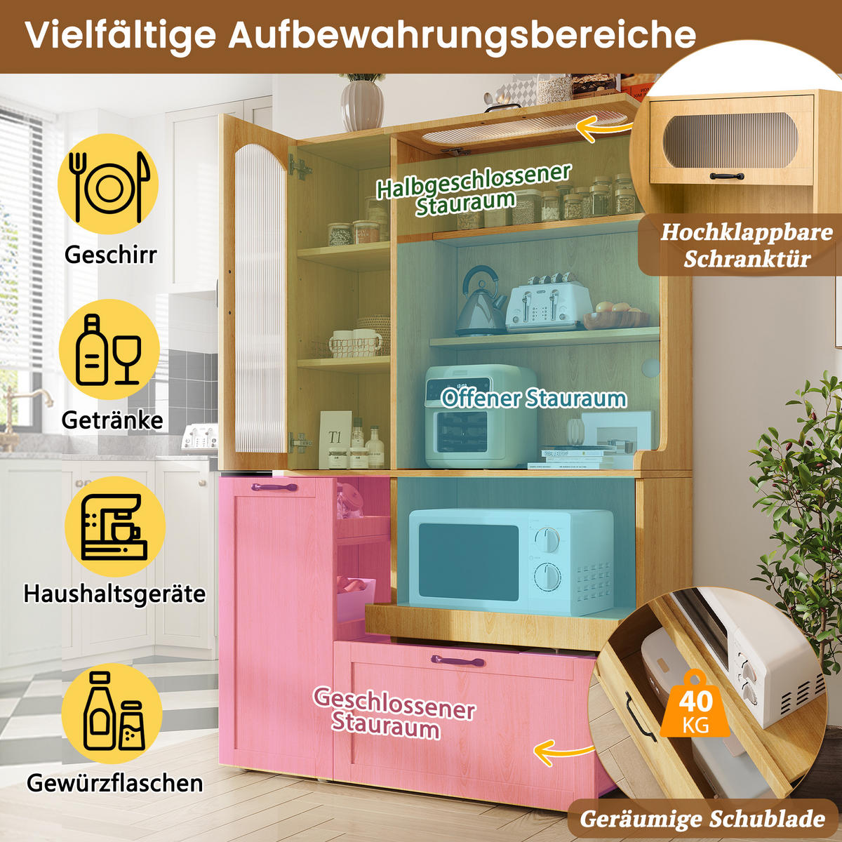 BUFFET Riffelglas Naturfarben 98/40/177 cm - Naturfarben, Holz (98/177/40cm) - PANGIVO