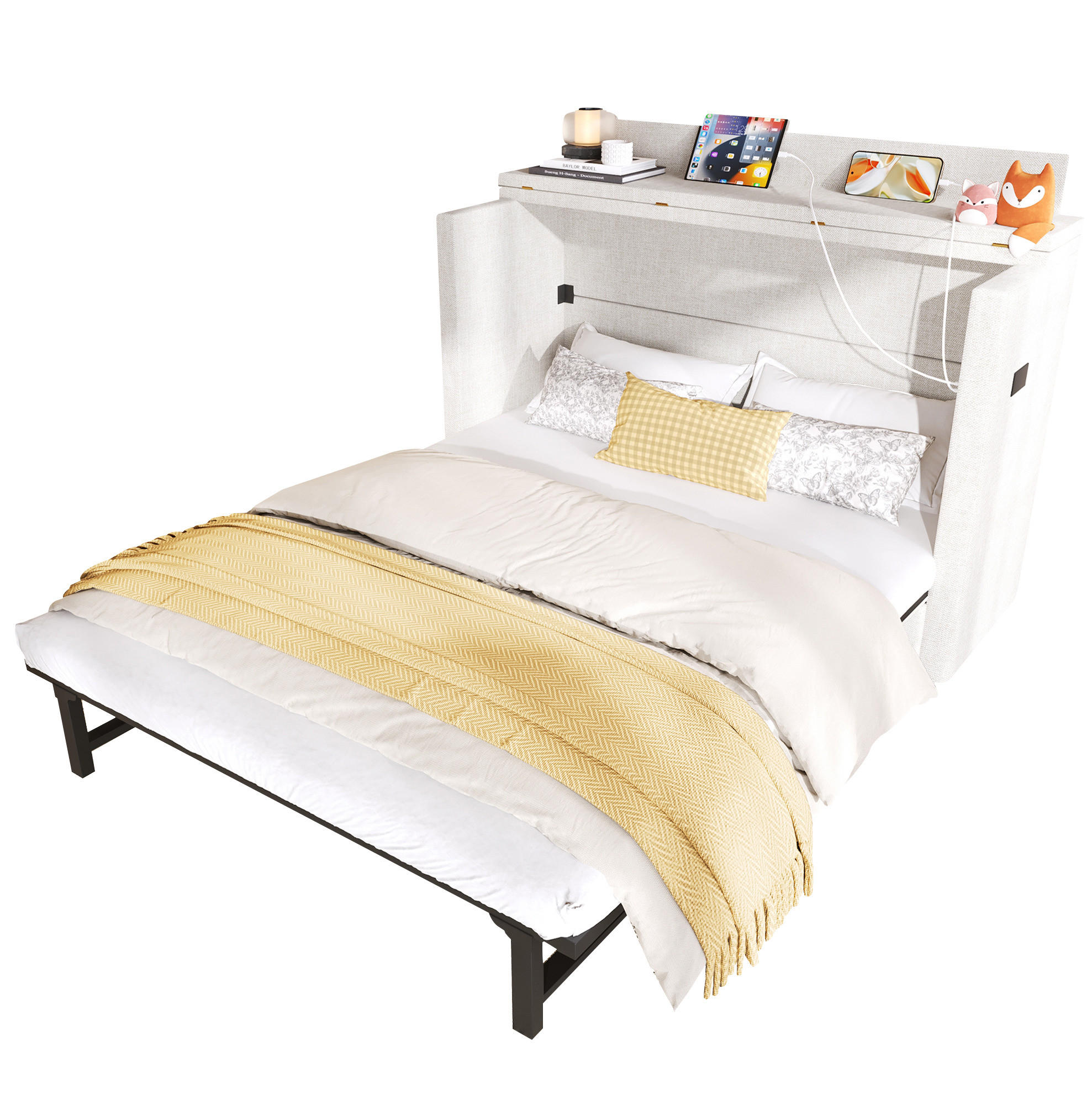 BETT 140/200 cm mit Kopfteil und Schublade – mobiles Schrankbett in Beige - Beige, Textil (140/200cm) - BEAOK