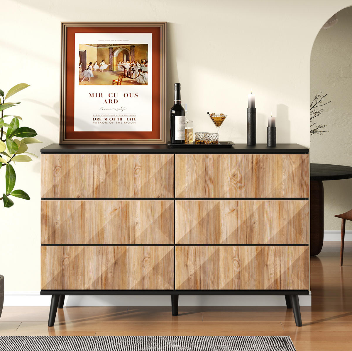 KOMODA, 120/40/85 cm, MDF a drevotrieska, čierna/prírodná, so 6 zásuvkami - prírodná farba, kompozitné drevo (40/85/120cm) - BEAOK