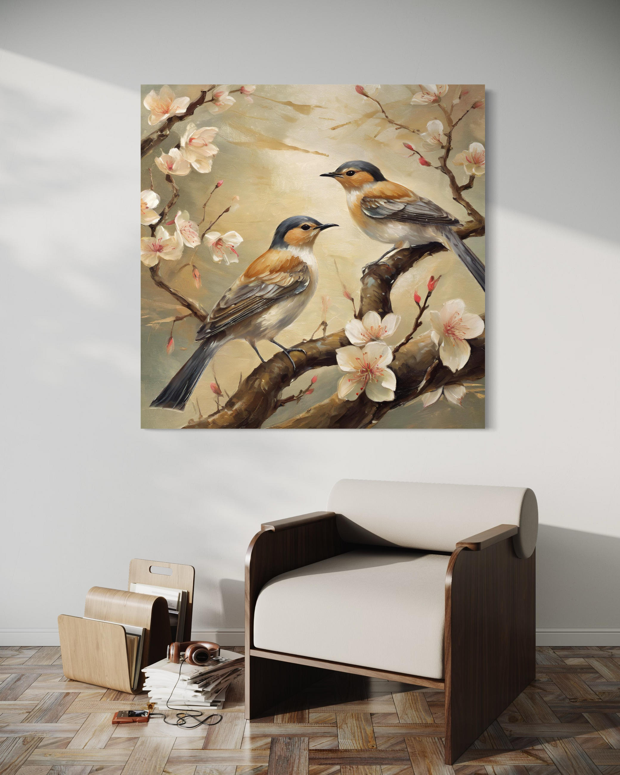 WANDBILD vögel tiere blumen zweig - Beige, Textil (50/50cm) - Feeby