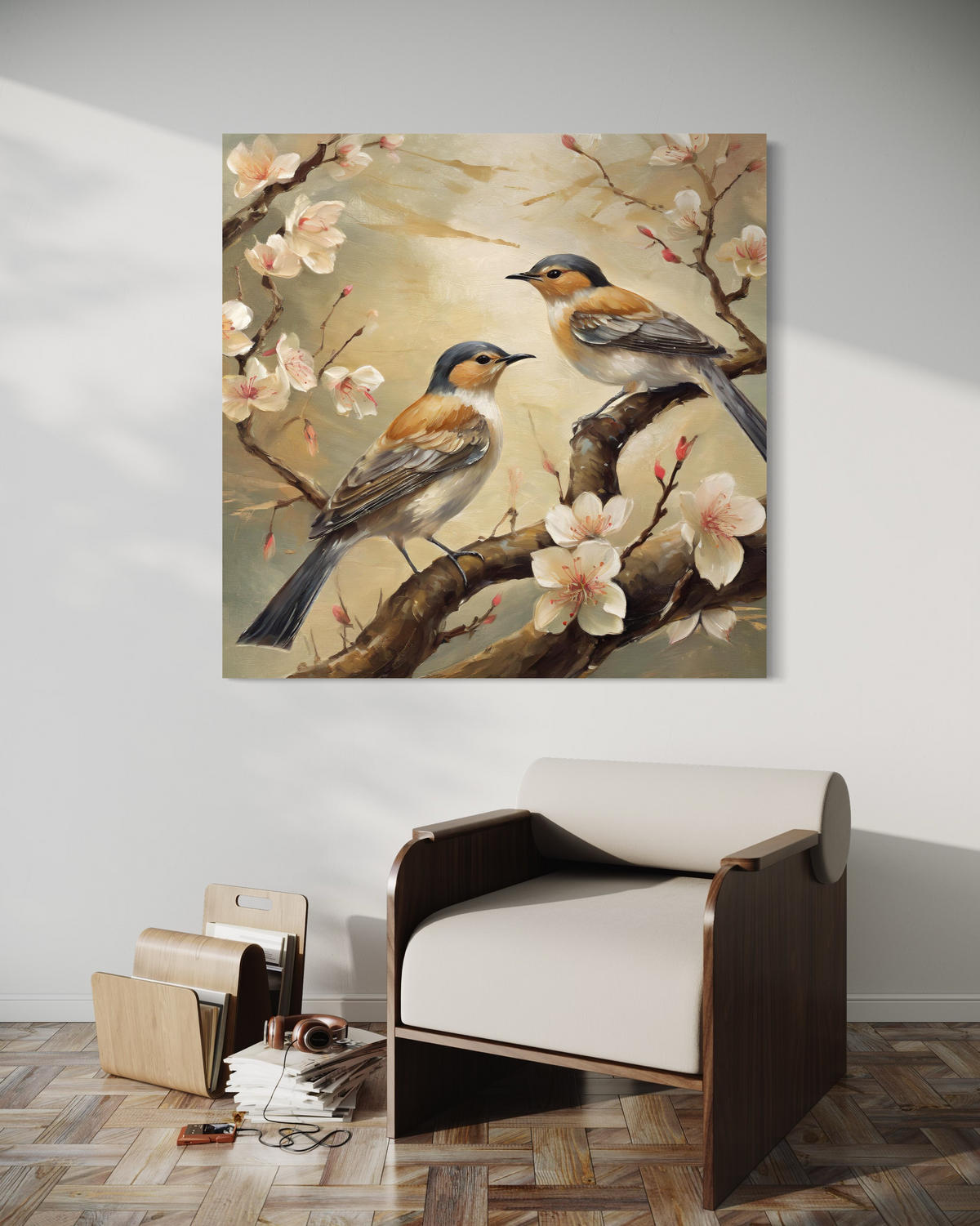 WANDBILD vögel tiere blumen zweig - Beige, Textil (50/50cm) - Feeby