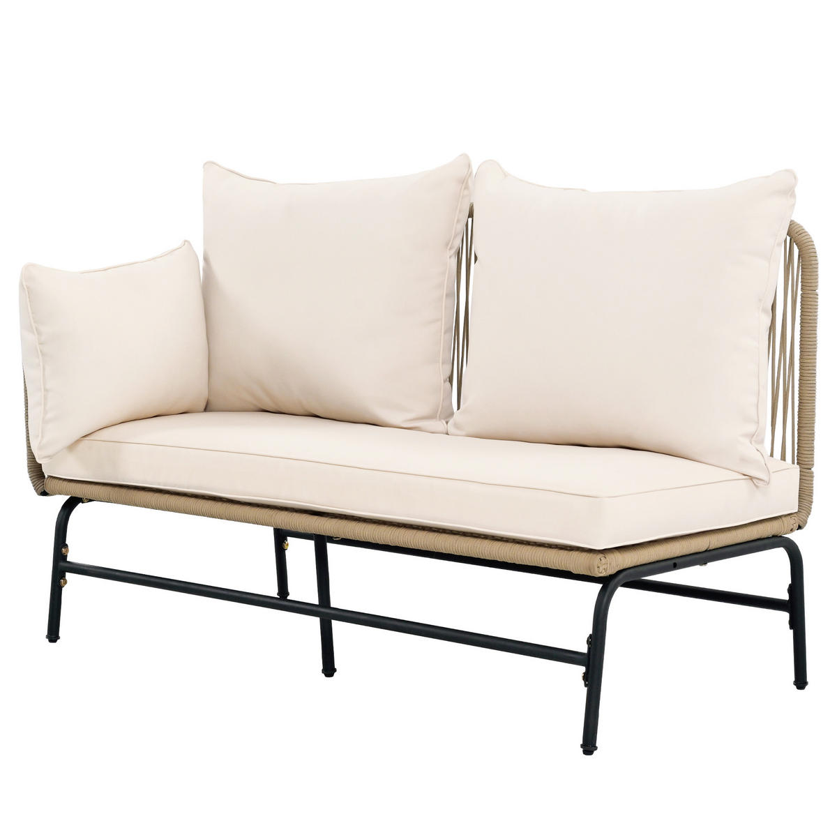GARTENLOUNGE Set mit Eisengestell und beigem Seil LForm Gesprächsset mit Tisch Gewebtes Seil für Garten Terrasse Beige - Beige, Metall - FLIEKS