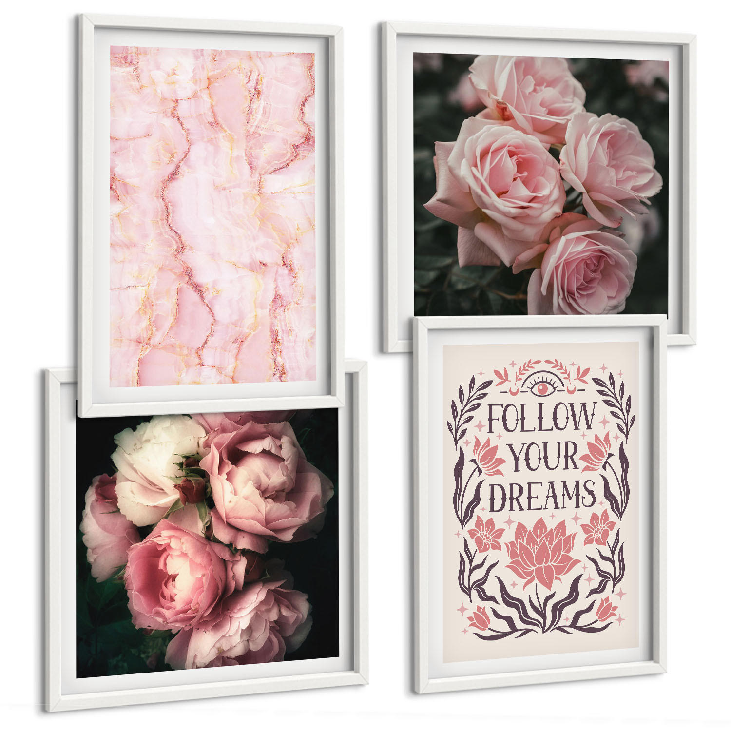 BILDER SET 4er Set - 50x50 cm & 40x60 cm Weißer Rahmen - Vintage-Rosen-Marmorträume - Weiß, Kunststoff (50/50cm) - TULUP