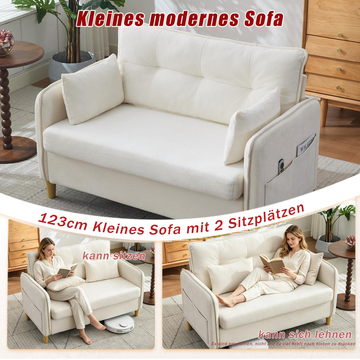 SCHLAFSOFA 127/75.5/83 cm Beige mit Armlehnen und Seitentaschen - Beige, Textil (75.5/83/127cm) - Oxeza